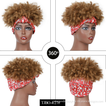 Afro  short Omber brown Synthetic wigs Wrap Wigs Drawstring Culry Hair Headband Wig